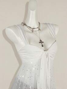 SHEIN ICON Áo ba lỗ nữ vải bóng viền lưới bất đối xứng - trắng - Xem 6