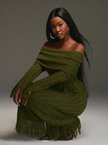 NYA SZN Đầm dệt kim tua rua, cá tính, gợi cảm, sang trọng, kín đáo, nổi bật, thích hợp cho bữa trưa, dịp đặc biệt, phong cách cô nàng sành điệu, vẻ ngoài Y2K cổ điển, mùa thu đông, phù hợp cho công sở, trang phục dành cho nữ. - màu xanh lá - Xem 5