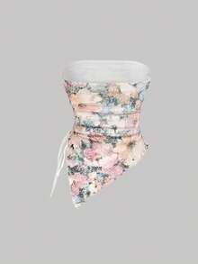 SHEIN MOD 女士时尚花卉打结抹胸上衣，花卉抹胸上衣，无肩带衬衫，印花上衣，适合度假、海滩、新年等场合，优雅派对上衣，女士海滩装，海滩时尚，别致女士上衣，花卉上衣，粉色上衣，美学上衣，节日，乡村，下午茶派对，夏季度假上衣，情人节女士上衣，春季女士上衣 - 彩色 - 查看 2