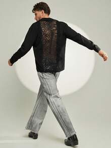 FeverCity Men's Autumn/Winter Long Sleeve Shirt With Lace Cutout Back Panel - Black - View 3