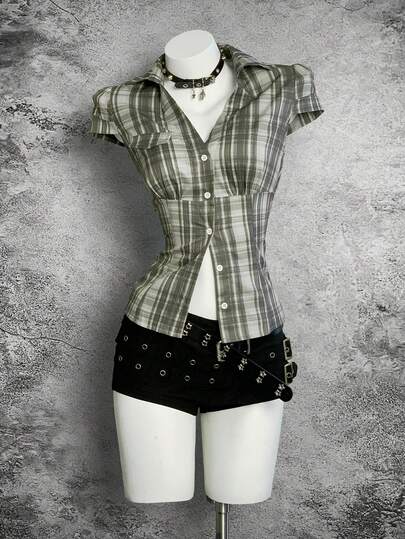 StreetHx Blue Plaid Cap Sleeve Fitted Shirt For Women