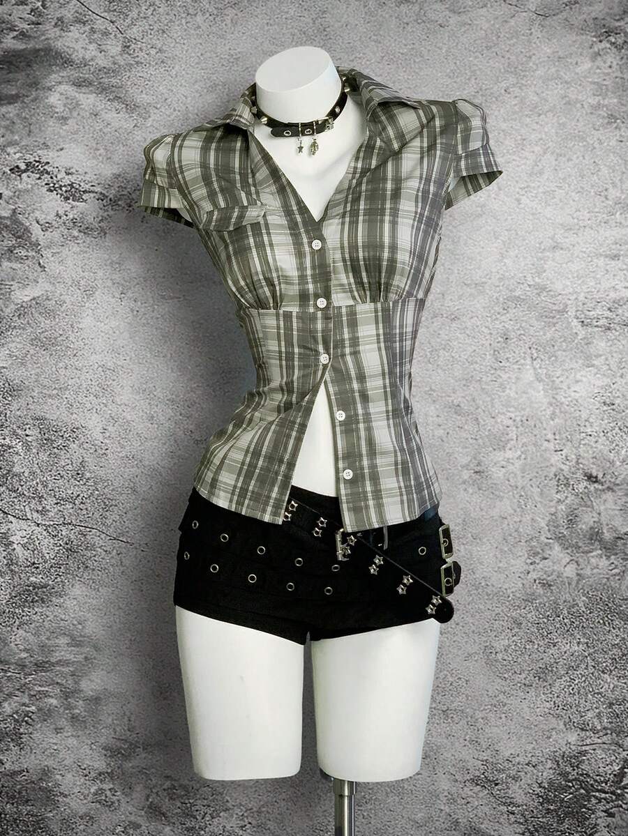 StreetHx 女士蓝色格子盖袖修身衬衫 - 綠色 - 查看 1