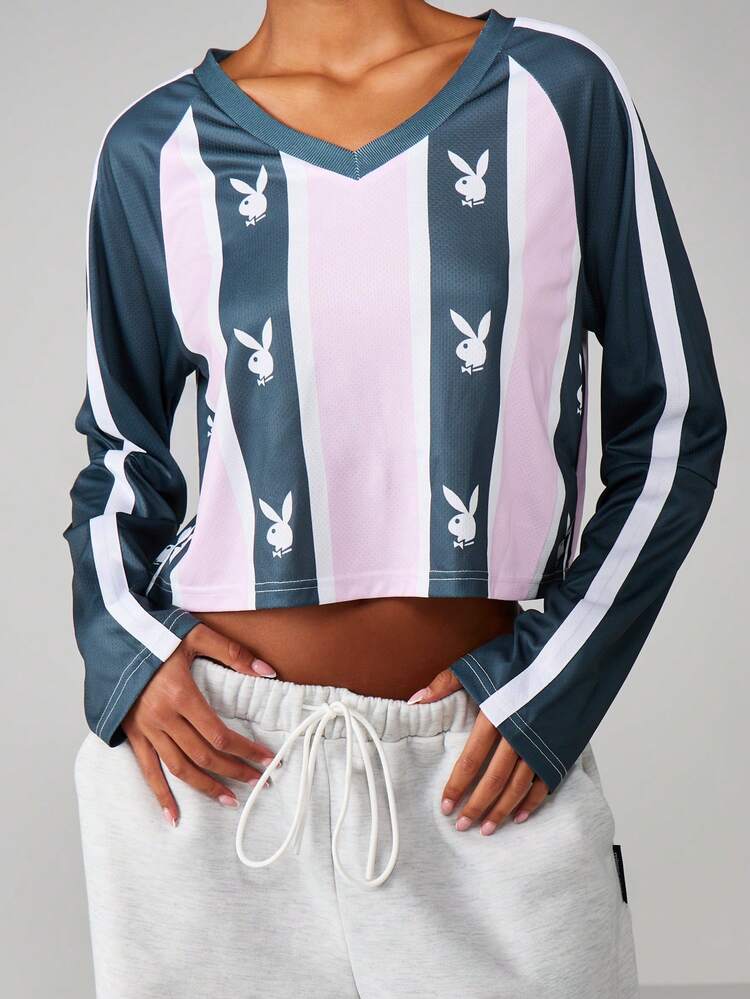 Missguided x Playboy Bunny Logo Striped Long Sleeve Athletic Top V-Neck Football Jersey Style Crop