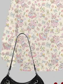SHEIN Leap Crew 可爱的乡村兔子和花卉印花、郁金香蝴蝶结印花、压花套装、波西米亚风野花、植物套装、复古植物套装、柔和花卉自然套装、青少年女孩休闲连帽衫和紧身裤两件套、秋冬舒适装、复古街头服饰、舒适轻松装、儿童秋季分层装、时尚童装、休闲装、儿童图案服装、舒适轻松装秋装、户外野餐、郊游、街头风格、家居、波西米亚风 - 彩色 - 查看 6