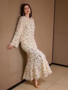 MOTF PREMIUM 2PCS/SET MINIMALIST SEQUIN FUZZY TOP AND SKIRT SET, AUTUMN/WINTER - Apricot - View 6