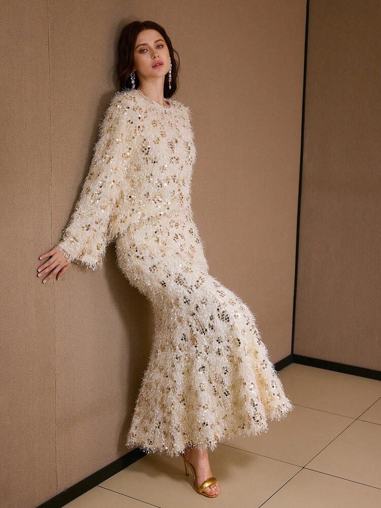 MOTF PREMIUM 2 件套简约亮片毛绒上衣和裙子套装，秋冬 - 杏色 - 查看 6