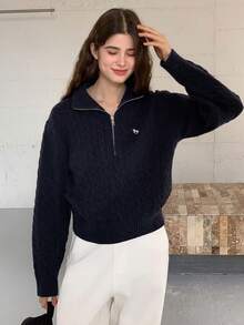 DAZY Teen Girl Solid Color Half-Zip Dropped Shoulder Long Sleeve Cable Knit Casual Pullover Sweater - Navy Blue - View 3