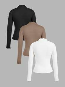 SHEIN EZwear 3件套黑色、卡其色、白色休闲简约修身长袖T恤，秋冬 - 彩色 - 查看 2