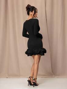 SHEIN PETITE Elegant Black Autumn Long-Sleeved Mini Dresses,Sweet Ballet Tulip,High-Quality Textures Christmas New Year Outfits,Bar Party Valentine's Day ,Petite Women - Black - View 2