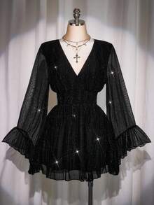 SHEIN ICON 大码亮片 V 领褶饰 A 字裙，波西米亚风、嬉皮风、Y2K 风、派对裙，适合秋季、暑假、音乐节、毕业典礼和返校季 - 黑色 - 查看 1