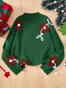 SHEIN Women's Green Floral Pattern Crew Neck Long Sleeve Long Sweater - Green - View 1