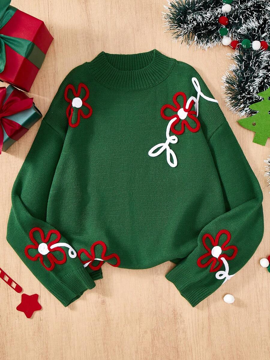 SHEIN Women's Green Floral Pattern Crew Neck Long Sleeve Long Sweater - Green - View 1
