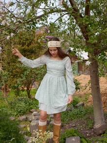 Teen Girls' Spring/Autumn Gingham Print Fitted Bubble Sleeve Crew Neck Casual Dress For Outing, Party, Vacation - Baby Blue - View 6