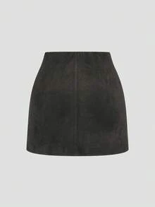 Sweetra Plus Size Pleated Asymmetric Zipper Decor Faux Suede Short Skirt, Minimalist Style For Commuting, Autumn/Winter - Dark Grey - View 2