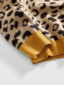 ROMWE MEN Street Life 男士拼色圆领长袖休闲宽松针织豹纹提花毛衣 - 黃色 - 查看 3