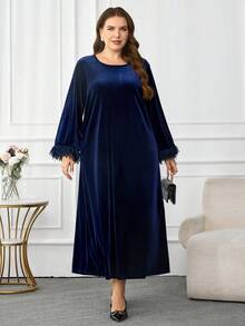 Modelyn Plus Size Women's Solid Color Round Neck Long Sleeve Furry Patchwork Loose Elegant Dress - Royal Blue - View 4