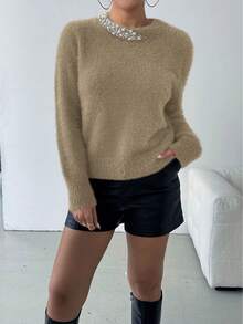 SHEIN Clasi Áo len cổ tròn đính hạt thanh lịch dành cho nữ, trang phục thu đông cho năm mới - Màu Khaki - Xem 4