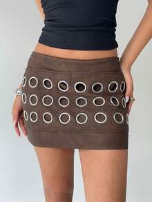 Aloruh Falda corta de mujer con diseño de ojales a la moda - Verde - Ver 5