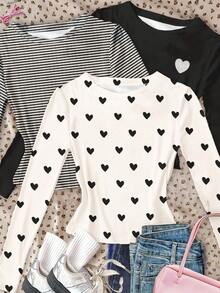 3件套黑白系列，白色，黑白条纹，黑色，青少年女孩修身休闲简约心形图案圆领长袖短款T恤套装，适合秋冬季 - 彩色 - 查看 4