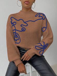 SHEIN LUNE 女士休闲图案宽松落肩立领毛衣，适合秋冬日常通勤 - 巧克力棕 - 查看 1