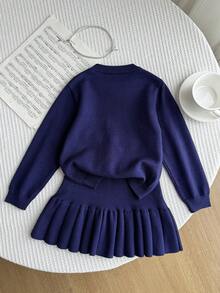 SHEIN Young Girl Slogan & Bow Decor Long Sleeve Sweater And Knit Mini Skirt Casual Set, Autumn/Winter - Blue - View 2