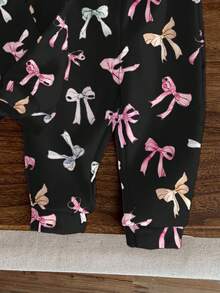 Cute Sweet Bow Print, Collegiate Style, French Retro Sweet, Young Girl Loose Sporty Comfortable Casual Minimalist Hoodie And Sweatpants 2 Pieces Set, Suitable For Autumn/Winter, Casual Campus Sports Style, Outdoor Picnic, Outings, Street Photography, Home, Campus - Multicolor - View 5