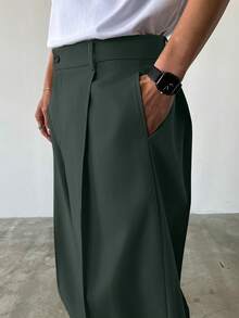 Manfinity Hypemode Men's Solid Color Toothpick Stripe Design Loose Fit Casual Pants Wide Leg Pants - Army Green - View 5