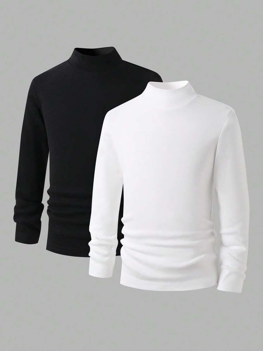 2pcs/Set Young Boy Autumn/Winter New High Neck Snug Fit Comfortable Versatile Base Layer Tops, Black & White Long Sleeve - Black and White - View 1