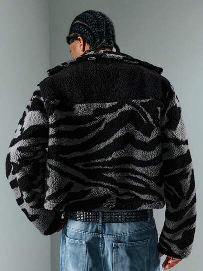 Grunge Punk Veste polaire zippée à manches longues avec imprimé zébré pour hommes, automne/hiver