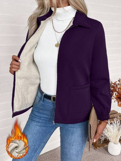 EMERY ROSE Casual Versatile Zipper Thermal Lined Long Sleeve Jacket, Autumn/Winter Jacket With Sherpa Lining Purple Jacket Jackets For Women Casual Fall Clothes For Women Purple Cardigan Blazer Jacket For Women