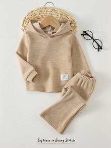 Cozy Pixies 2件套女婴柔软针织连帽衫和松紧腰裤套装 - 杏色 - 查看 3