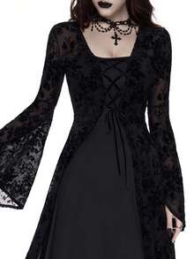 Breakform 女式哥特式纯色两件套连衣裙，可调节肩带，收腰，不对称下摆，包括 V 领带吊带裙和喇叭袖高开衩植绒花卉覆盖连衣裙 - 黑色 - 查看 5