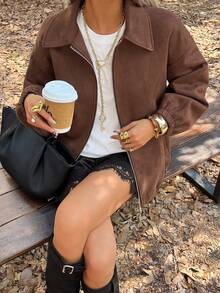 Livesso 女士休闲宽松麂皮夹克，立领，适合秋冬春 - 棕色 - 查看 3