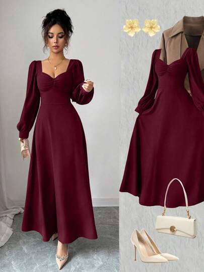 Elenzga Women's Elegant Square Neck Puff Sleeve Waist Cinched Maxi Dress, Suitable For Daily Commute