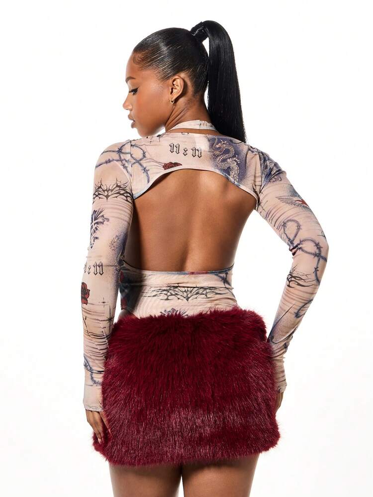 SUMWON WOMEN Tattoo Printed Mesh Long Sleeve Bodysuit With Cutout Details Halter Neck Shrug Style