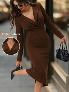 Editum Women's Brown Lapel Collar Mid-Length Winter Dress New Year Thanksgiving Sexy Dress - Brown - View 2