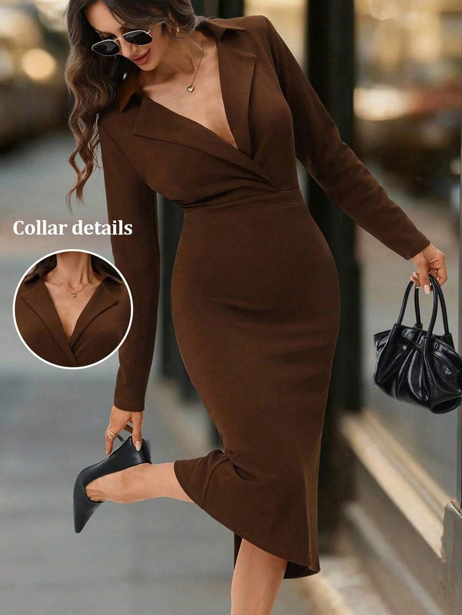 Editum Women's Brown Lapel Collar Mid-Length Winter Dress New Year Thanksgiving Sexy Dress