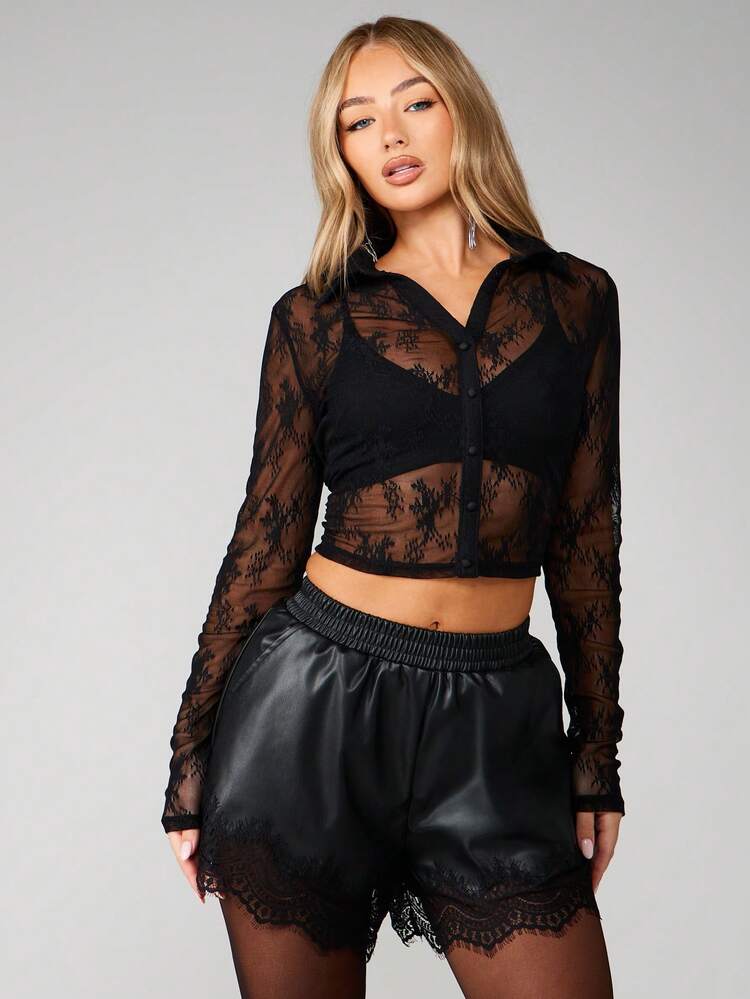 MISSGUIDED Lace Cardigan Button Up Long Sleeve Sheer Crop Top With Floral Pattern
