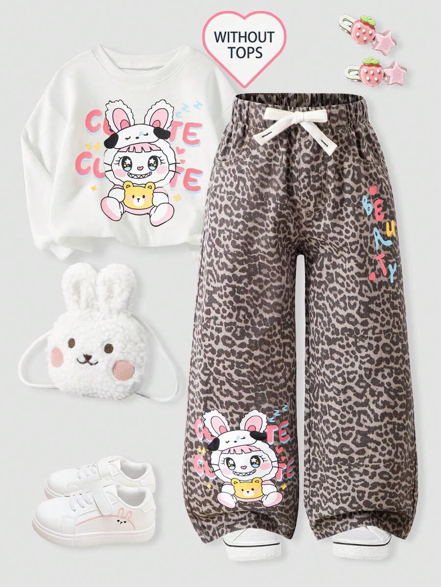 女童牛仔裤，腰部有抽绳，印花图案可爱，休闲宽松阔腿牛仔裤，带口袋，适合搭配长袖/短袖上衣和夹克，舒适的棉质面料，四季皆宜 - 咖啡棕 - 查看 1