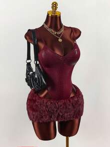 Y2K Amplova Luxury Evening Dresses For Women's Faux Crocodile Texture Camisole Jumpsuit And Fluffy Mini Skirt Sexy Fashion 2 Pieces Set ,Autumn/Winter Thanksgiving And New Year,Party Dresses For Women - Burgundy - View 4