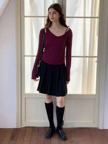 Dazy Kids Teen Girl Casual Everyday Commute Minimalist Solid Color Ribbed Asymmetrical Neck Fitted T-Shirt, Spring/Autumn - Red Violet - View 7