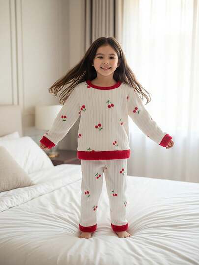 Set de 2 piezas de top de manga larga y pantalones con estampado de cerezas para niñas pequeñas, lindo y alegre, ropa de estar cómoda y casual