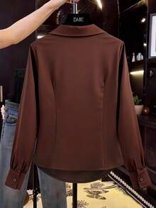 Franclia Women's Shiny Side Ruched Ruffle Collar Blouse, Casual Chic, Minimalist Elegant Style, Suitable For Work Commute Brown Blouses Coffee Brown Top Brown Long Sleeve Top Chocolate Brown Top Brown Shirts For Women - Brown - View 2