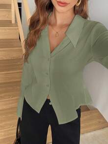 SHEIN LUNE 冬季白衬衫办公室工作服衬衫 100% 纯棉 - 綠色 - 查看 6