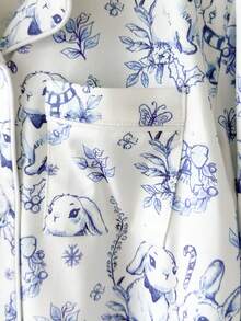 SHEIN 女童休闲兔子印花全拉链连帽衫和裤子两件套家居服套装 - 藍白色 - 查看 6