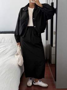 Livesso 女士秋冬加厚休闲宽松户外街头立领夹克外套和直筒裙两件套 - 黑色 - 查看 2