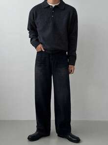 DAZY Áo len dài tay cổ polo màu trơn thường ngày cho nam, mùa thu - Màu xanh lam - Xem 4