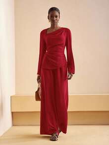 Zivah 2025秋冬新款通勤优雅休闲度假棕色不对称领褶皱长袖衬衫+高腰阔腿长裤女两件套，旅行、通勤、聚会、度假、复古风格、购物、宴会、优雅、派对、约会、休闲-A - 紅色 - 查看 7