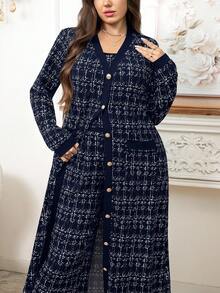 SHEIN Clasi Bộ đồ liền thân ống rộng không tay họa tiết kẻ caro cỡ lớn dành cho nữ, mùa thu, áo khoác kim loại một hàng khuy dài - Màu xanh hải quân - Xem 7