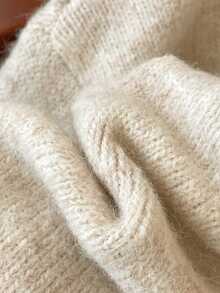 SHEIN Áo len dệt kim cổ chữ V tay dài cỡ lớn có nơ cho nữ, thoải mái và vừa vặn - Màu be - Xem 5